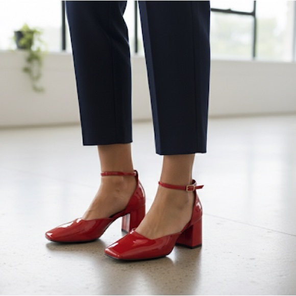 ZARA Red Patent Leather Square Toe Block Heel Ankle Strap Heels Size 38 (US 7.5) - Picture 1 of 10